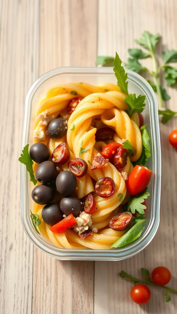 A colorful pasta salad with sun-dried tomatoes, olives, and fresh herbs in a glass container.