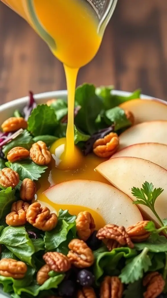 A fresh salad topped with honey mustard dressing, featuring greens, apple slices, and nuts.