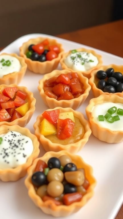 A platter of colorful mini quiches with various toppings, perfect for a baby shower.