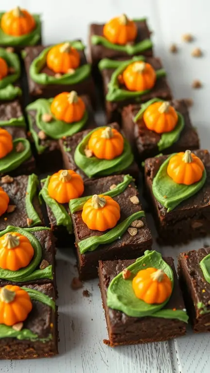 Brownies decorated with green frosting and orange candy pumpkins