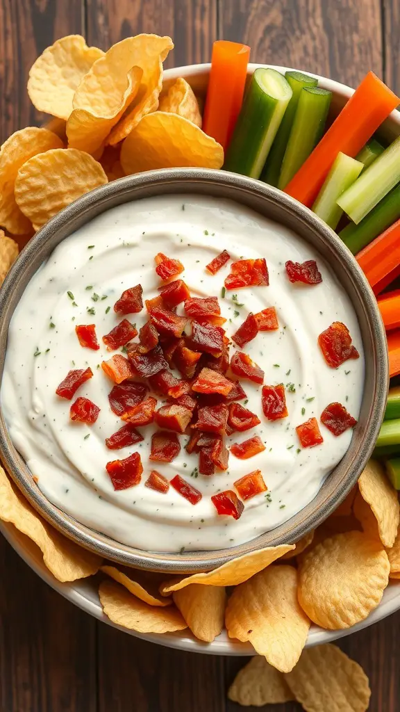 A bowl of creamy bacon ranch dip topped with crispy bacon bits, surrounded by potato chips and fresh vegetable sticks.