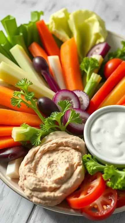 A colorful vegetable platter featuring carrots, celery, cherry tomatoes, and a creamy dip.