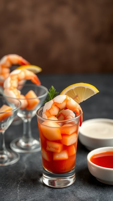 Shrimp cocktail shots with shrimp, cocktail sauce, and lemon garnish