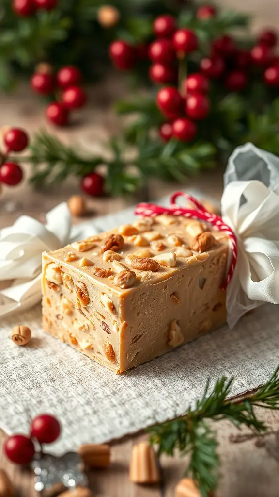 A piece of nougat (torrone) with nuts, wrapped in festive ribbon, surrounded by holiday decorations.
