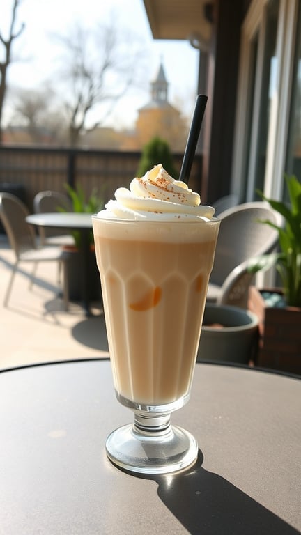 A glass of iced vanilla latte with almond milk topped with whipped cream and cinnamon, sitting on a table outdoors.