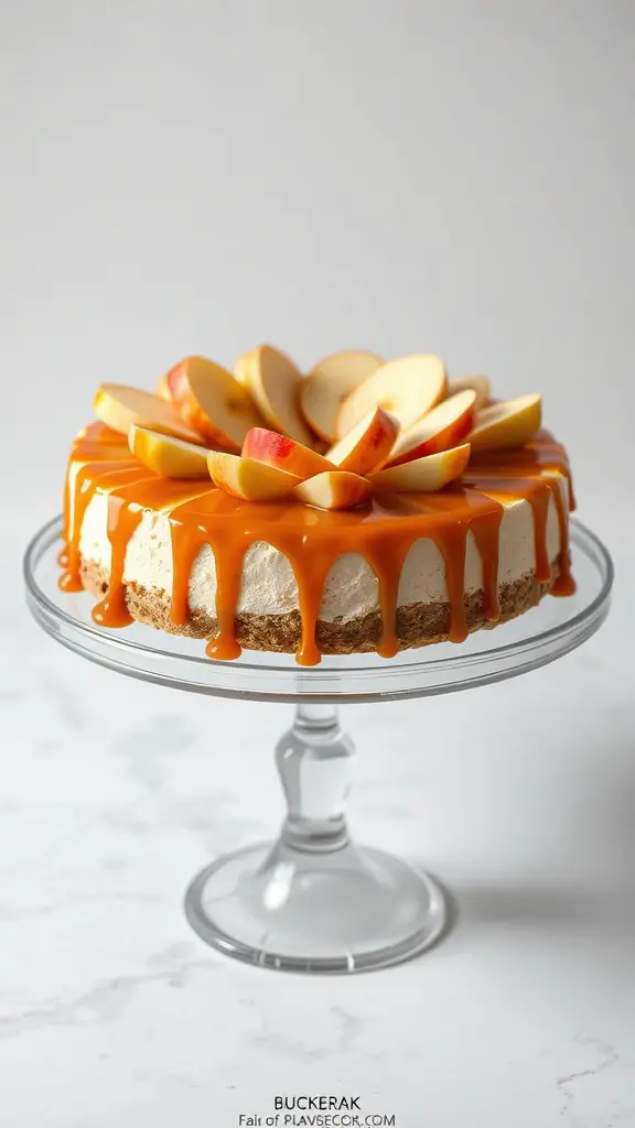 A caramel apple cheesecake topped with apple slices and drizzled with caramel sauce.