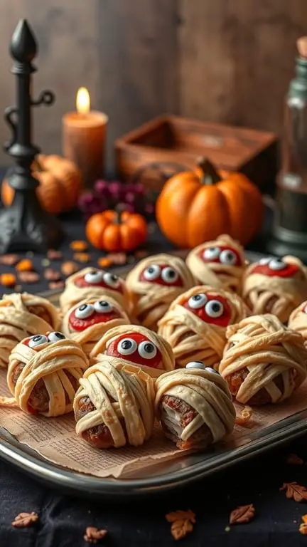 A tray of mummy meatballs wrapped in dough with eyes, surrounded by Halloween decorations.