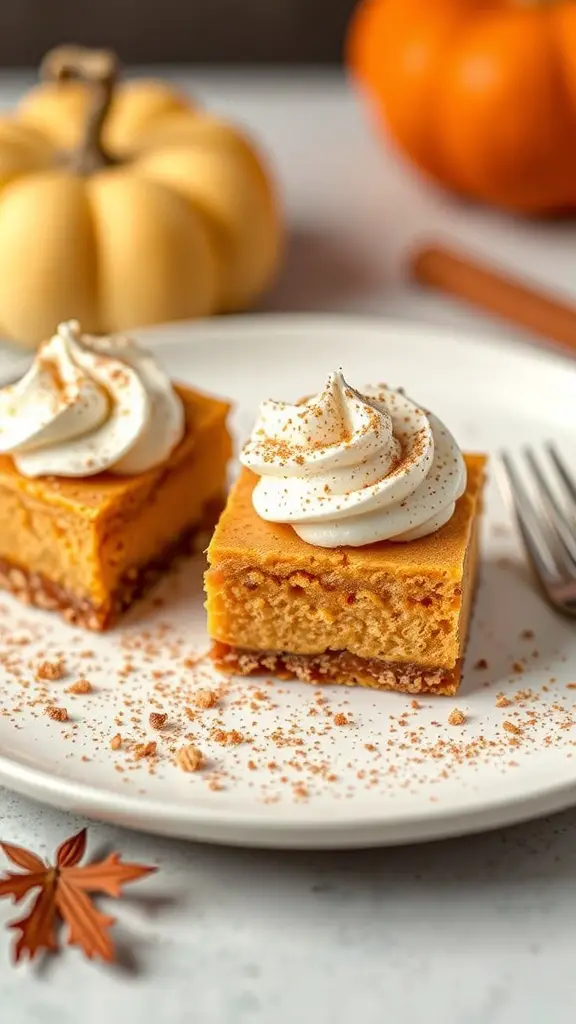 Pumpkin cheesecake bars topped with whipped cream and cinnamon, with pumpkins in the background.