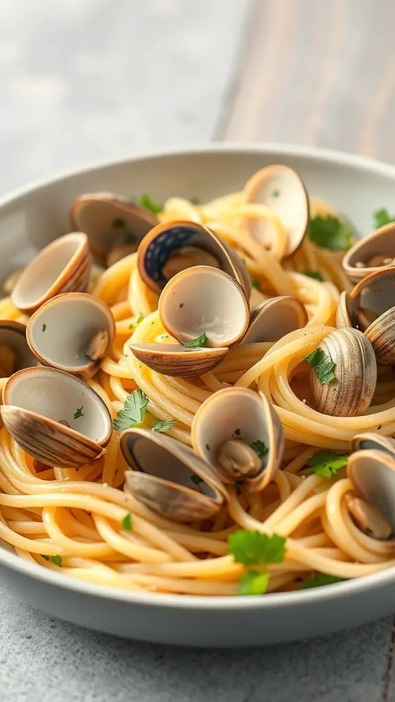 A plate of Linguine Vongole with clams, garnished with parsley.