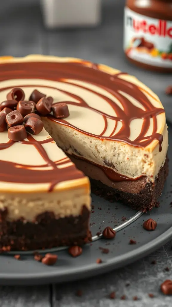 A delicious Nutella no bake cheesecake with a chocolate crust, topped with chocolate drizzle and chocolate chips.