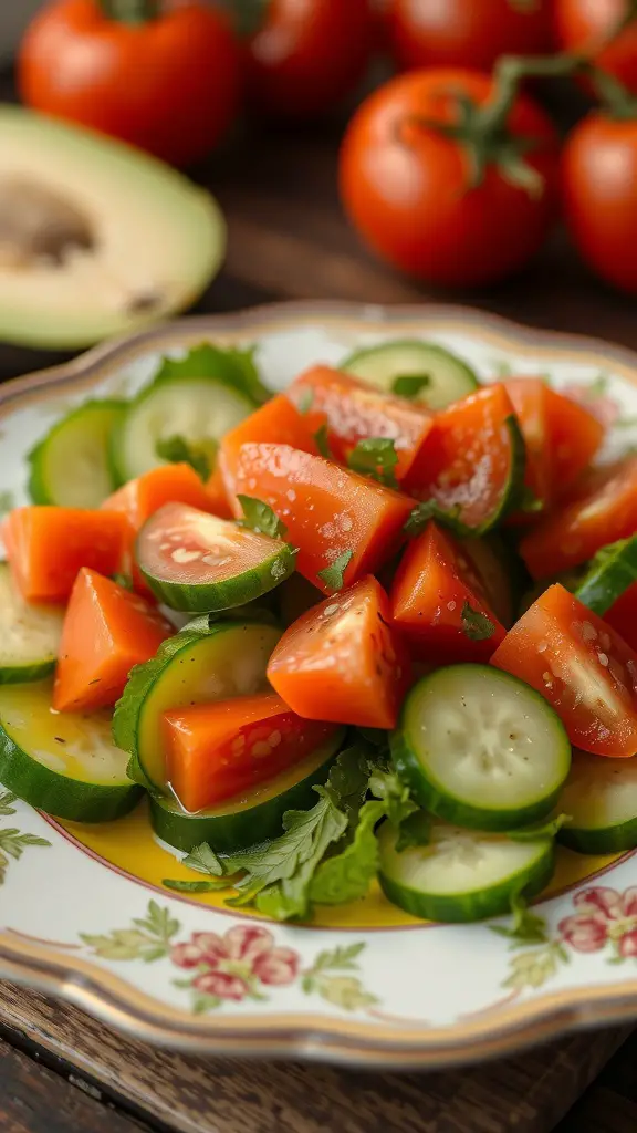 A colorful cucumber and tomato salad on a decorative plate, surrounded by fresh tomatoes.