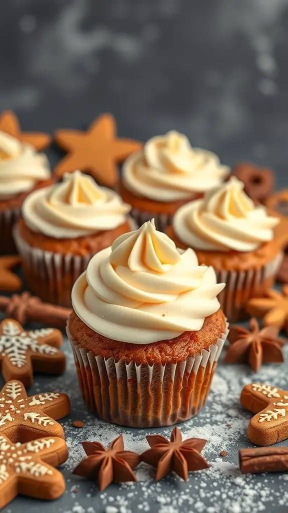 Gingerbread cupcakes with creamy frosting, surrounded by gingerbread cookies and star anise.