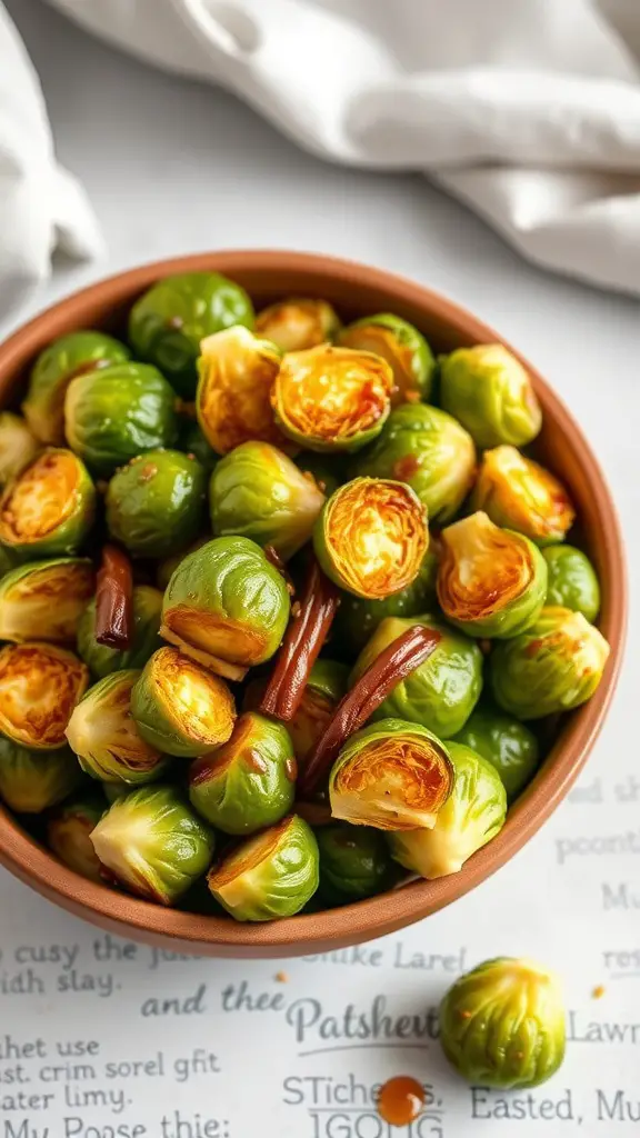 A bowl of maple glazed Brussels sprouts, showcasing their golden brown caramelization and shiny glaze.