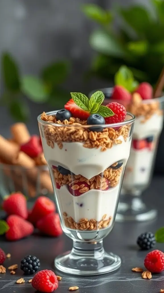 A delicious yogurt parfait with layers of yogurt, granola, and fresh berries in a glass.