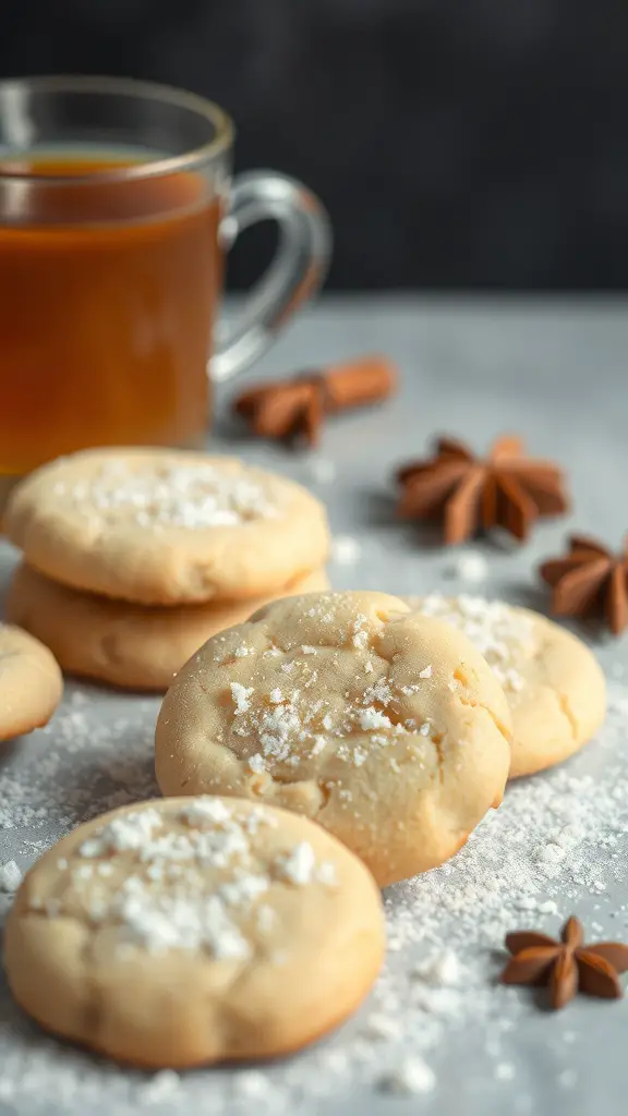 Chai spice sugar cookies with powdered sugar and a cup of chai tea
