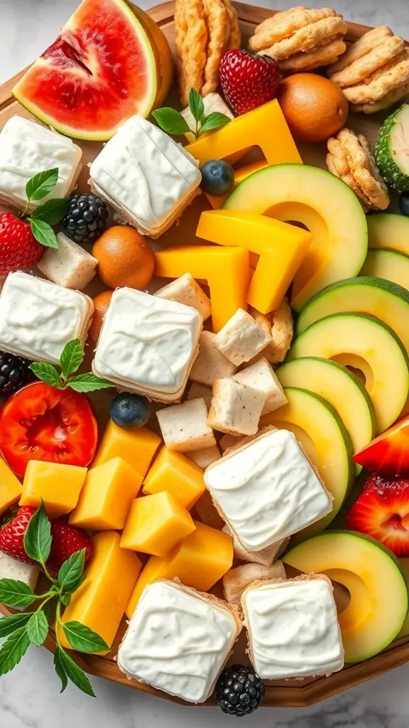 A colorful dessert charcuterie board featuring tropical fruits and coconut treats.