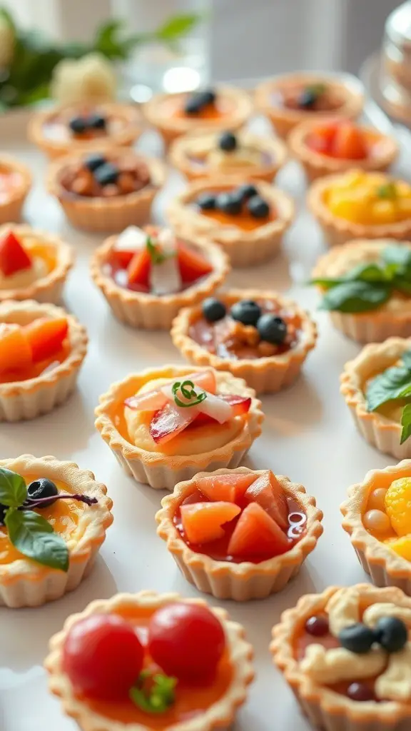 A variety of mini quiches displayed on a platter, showcasing different fillings and toppings.