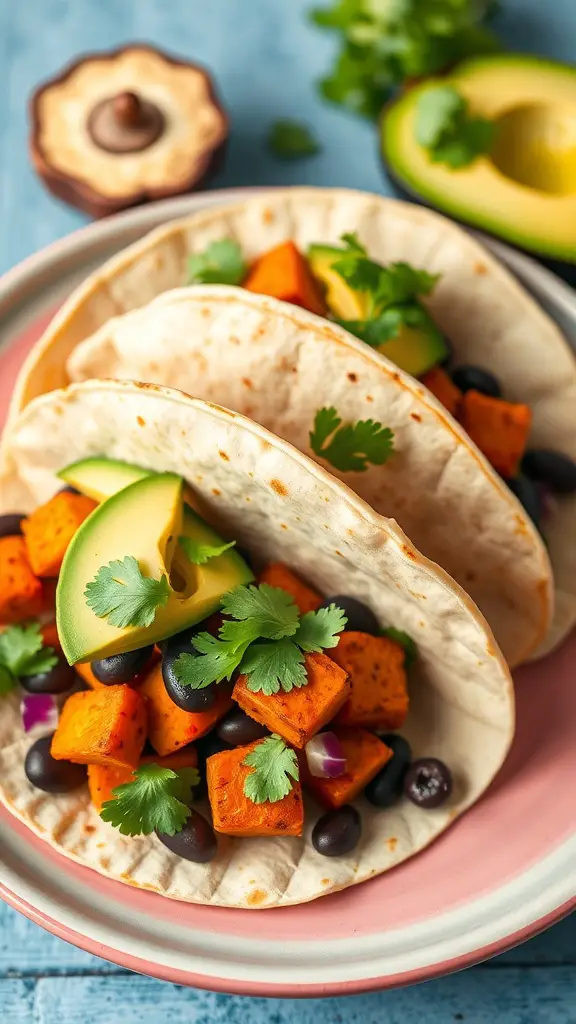 Three sweet potato and black bean tacos topped with avocado and cilantro on a plate.