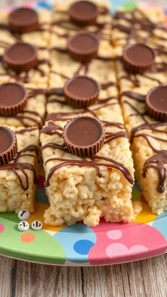 Peanut Butter Cup Rice Krispie Treats on a colorful plate