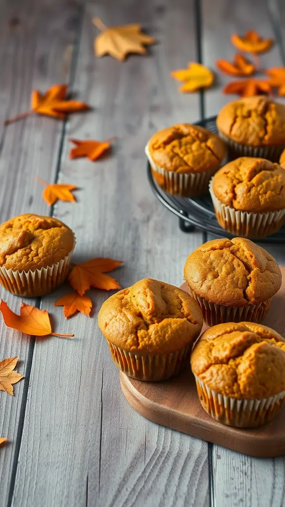 A display of pumpkin spice muffins on a wooden table with autumn leaves.