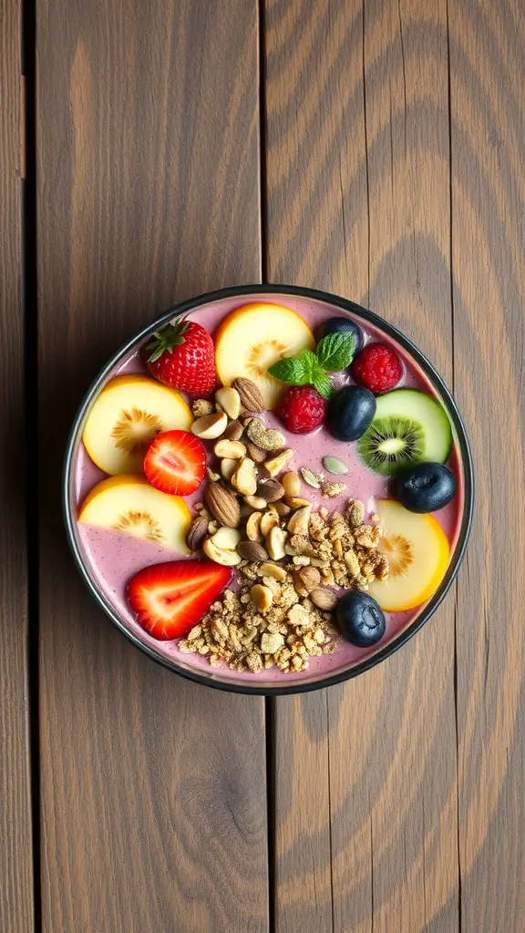 A colorful smoothie bowl topped with fresh fruits, nuts, and granola on a wooden table.