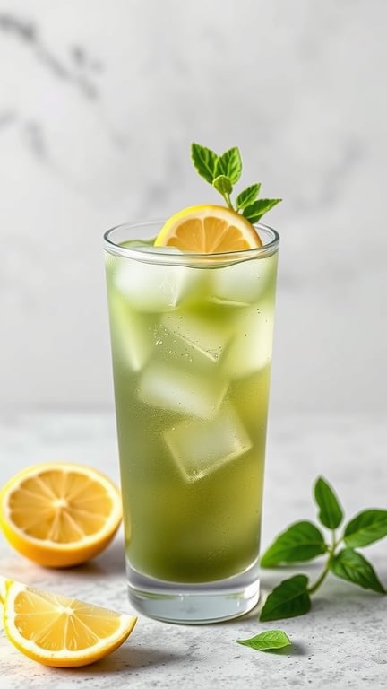 A refreshing glass of iced matcha green tea garnished with lemon and mint leaves.