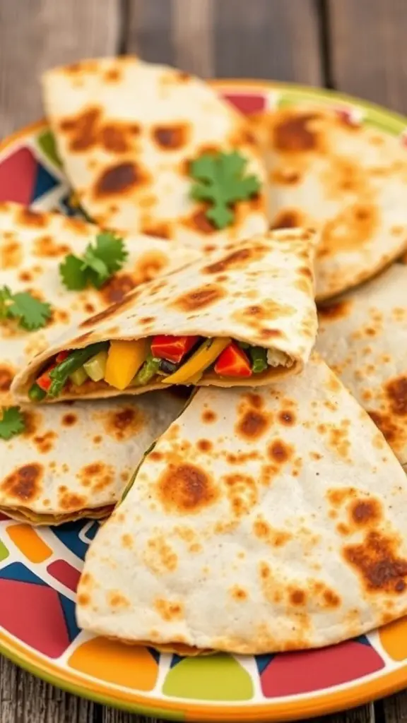 A plate of golden-brown veggie and cheese quesadillas with colorful vegetables peeking out.