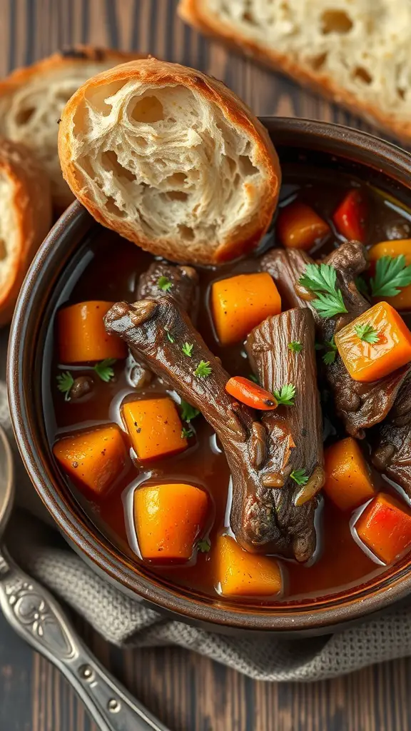 A bowl of oxtail stew with vegetables and bread on the side