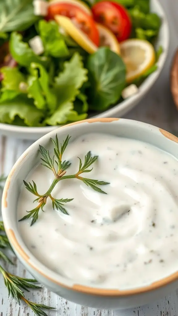 A bowl of creamy Greek Yogurt Ranch Dressing garnished with herbs, alongside a fresh salad with greens, tomatoes, and lemon slices.