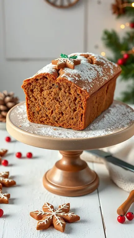A gingerbread loaf on a wooden cake stand, decorated with powdered sugar and a gingerbread cookie on top.