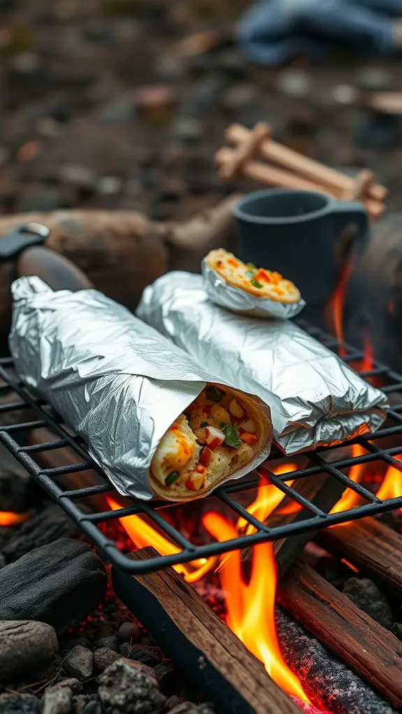 Two foil-wrapped breakfast burritos on a grill over a campfire, with a small burrito and a mug nearby.