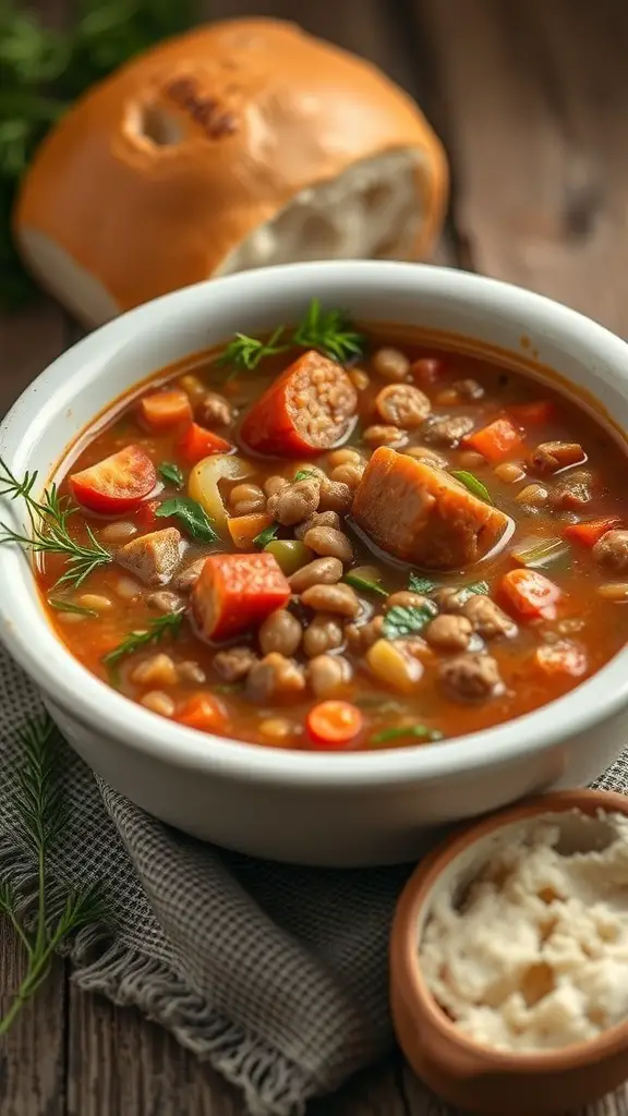 A bowl of Italian sausage and lentil soup with colorful vegetables and a side of bread.