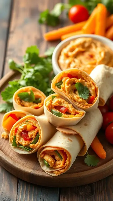 A platter of spicy hummus and veggie pinwheels with fresh vegetables