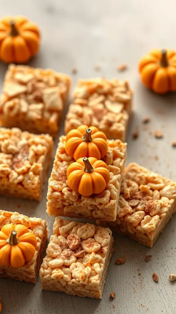 Pumpkin Spice Rice Krispie Treats decorated with mini pumpkins