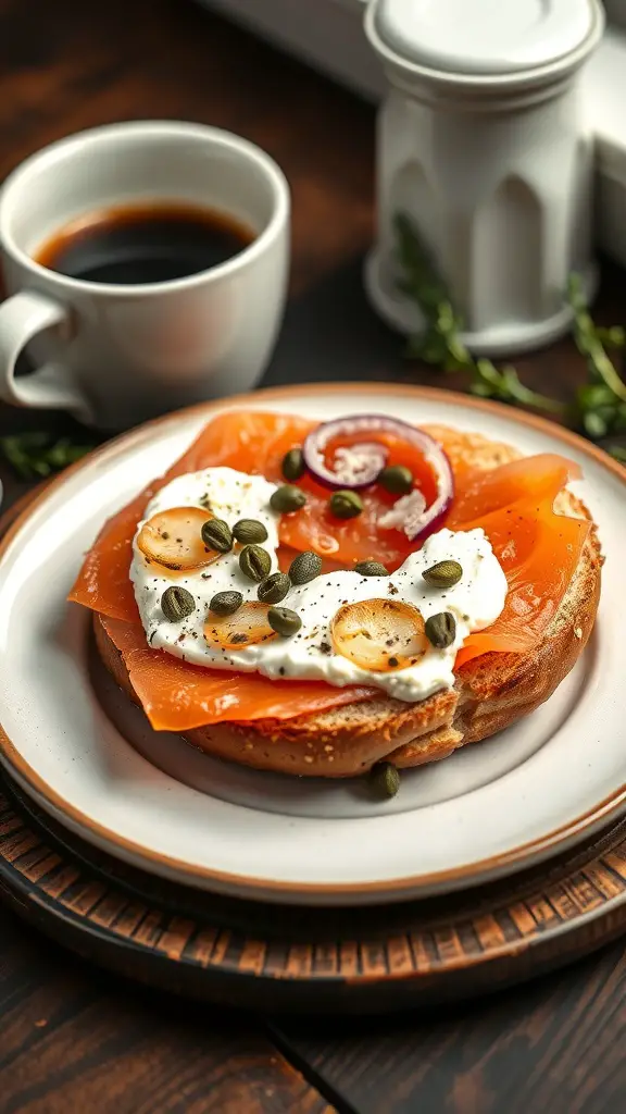 A smoked salmon bagel topped with cream cheese, capers, and red onion, served with a cup of coffee.