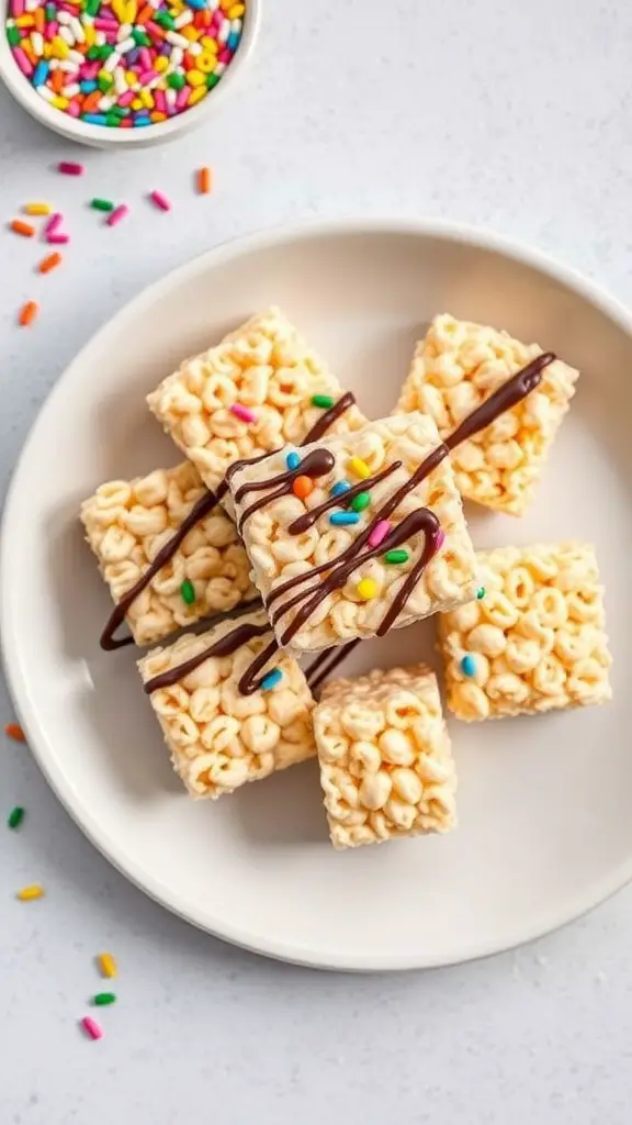 A plate of Rice Krispie treats with chocolate drizzle and colorful sprinkles.