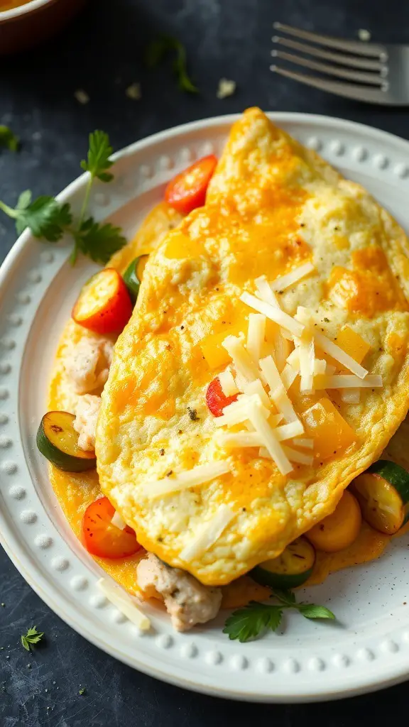 A fluffy air fryer omelette topped with cheese and surrounded by colorful vegetables on a plate.