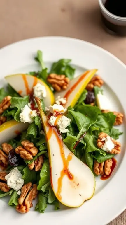 A fresh salad with sliced pears, Gorgonzola cheese, walnuts, and mixed greens, drizzled with balsamic glaze.