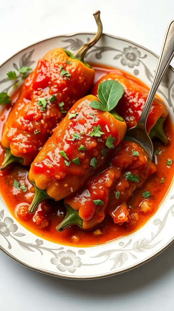 Plate of Chiles Rellenos topped with tomato sauce and garnished with herbs