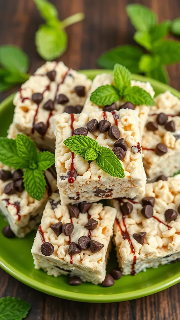 Mint Chocolate Chip Rice Krispie Treats on a green plate with mint leaves and chocolate chips.