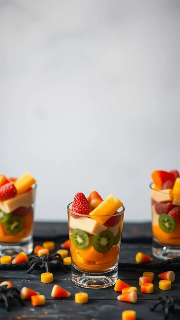 Colorful fruit cups with candy corn, featuring strawberries, kiwi, and cantaloupe, set against a dark background with scattered candy corn and spiders.