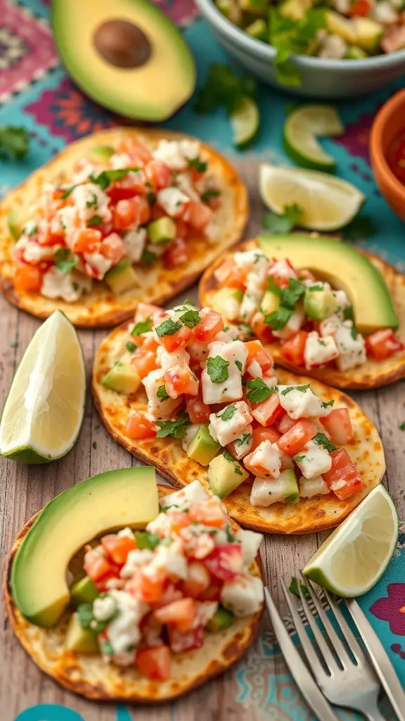 Crispy tostadas topped with ceviche, avocado, and garnished with cilantro and lime.