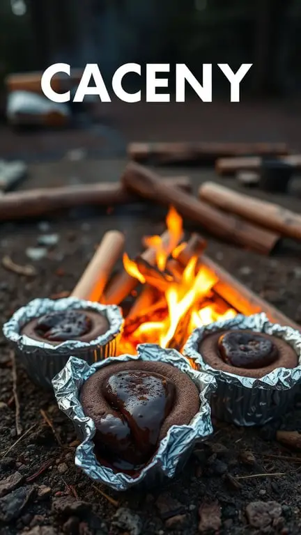 Three chocolate lava cakes in foil near a campfire
