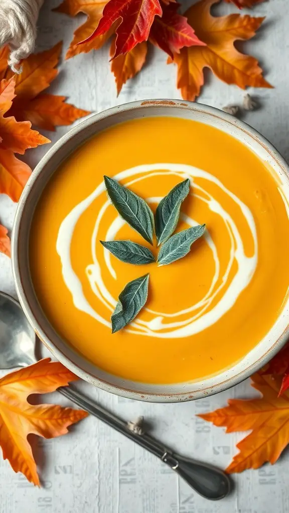 A bowl of creamy pumpkin sage soup garnished with sage leaves, surrounded by autumn leaves.