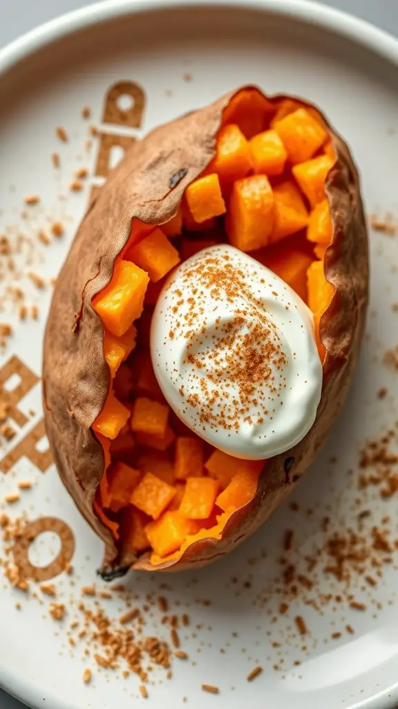 A baked sweet potato filled with diced sweet potato and topped with Greek yogurt and a sprinkle of cinnamon on a white plate.