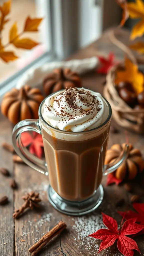 A cozy Hazelnut Mocha topped with whipped cream, surrounded by fall leaves and pumpkins.