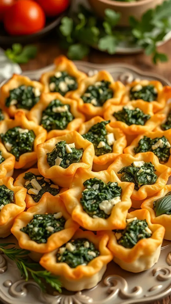 A platter of savory puff pastry bites filled with spinach and cheese.