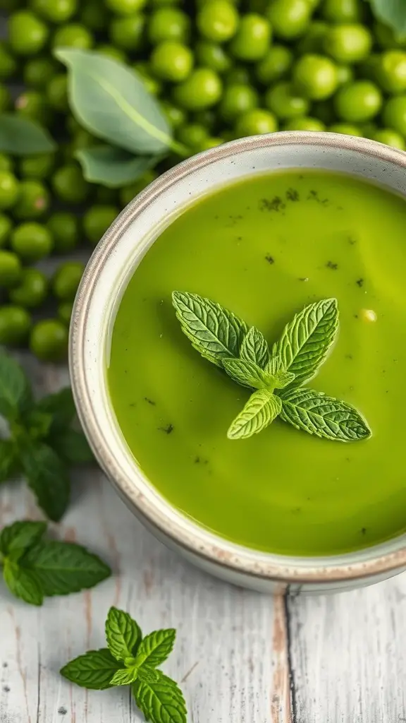 A bowl of vibrant green pea and mint soup garnished with fresh mint leaves, surrounded by fresh peas.