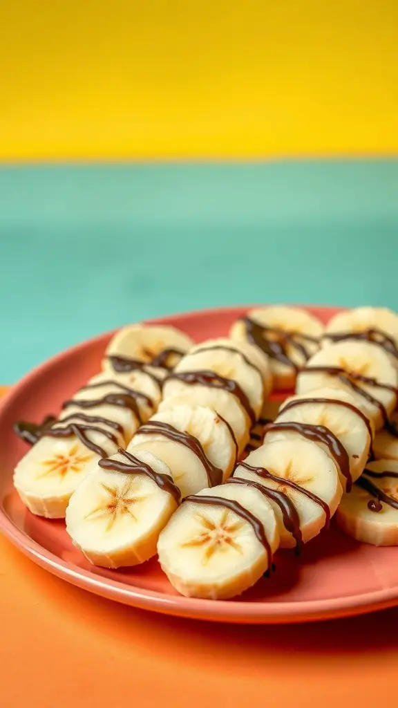 A plate of peanut butter banana bites with chocolate drizzle on a colorful background.
