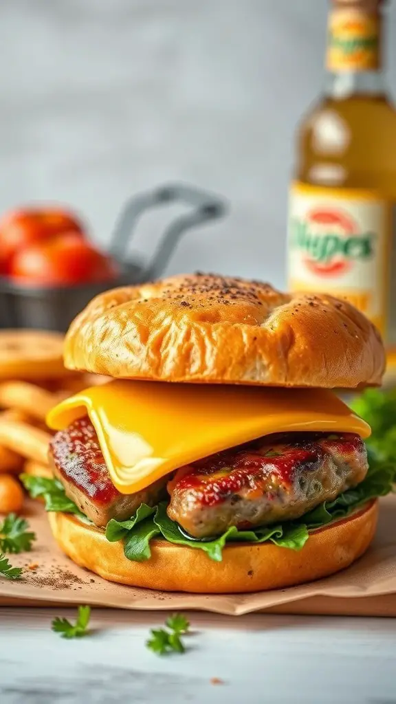 A delicious air fryer sausage and cheese breakfast sandwich with a sausage patty, melted cheese, and fresh greens in a bun.
